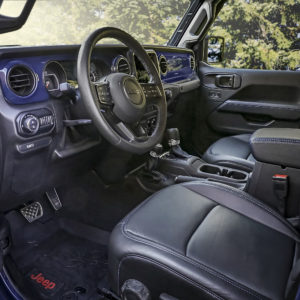 Inside the cabin of the Jeep Gladiator Top Dog concept, the exte